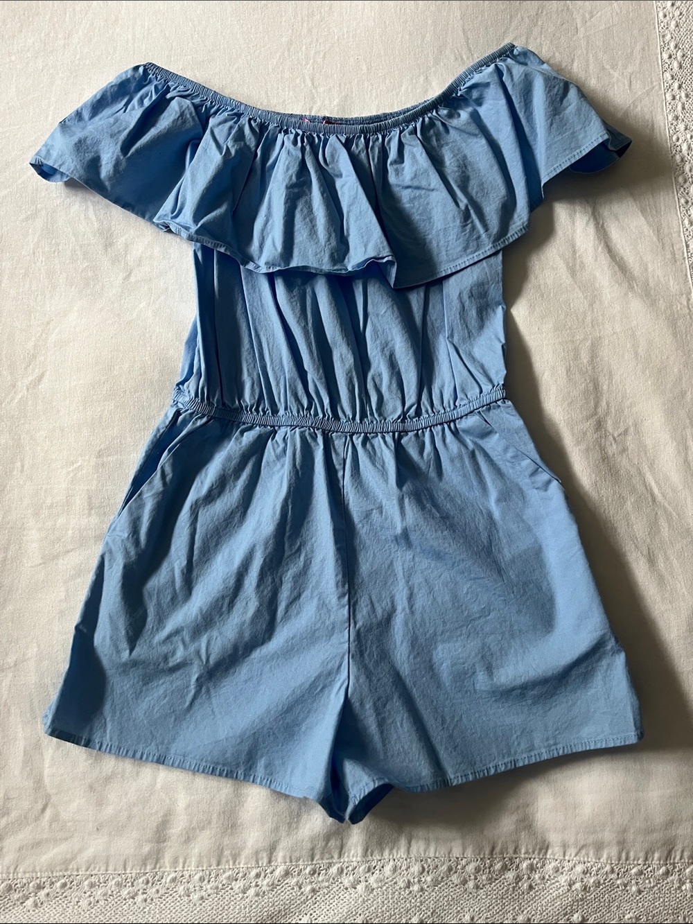 Aqua Blue Ruffle Romper with Pockets, Size X-Large